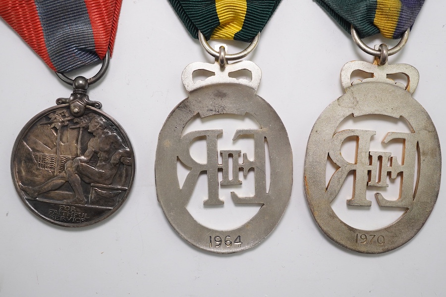 Three assorted service medals; Imperial Service medal to Henry Chillingworth; Territorial Efficiency Decoration 1964; T&A.V.R Efficiency Decoration 1970. All cased. Condition - good.